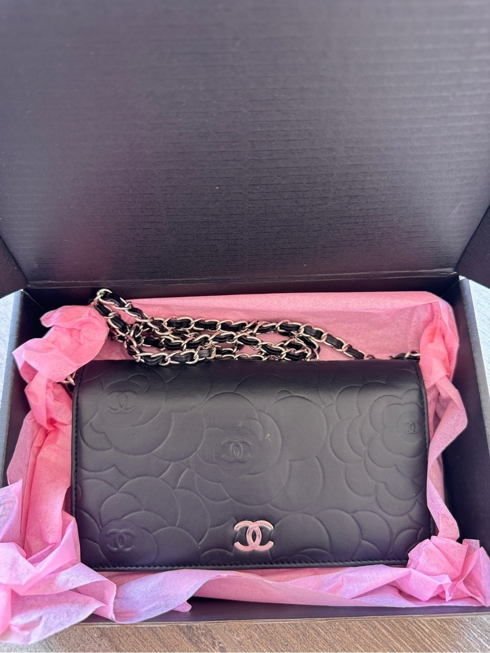 Authentic Chanel Black Camellia Quilted Leather Chain Wallet - Picture 10 of 12